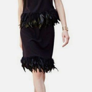 Tom K Nguyen Black Pinstripe Pencil Skirt w/Maraboo Feather Trim, Size 6
